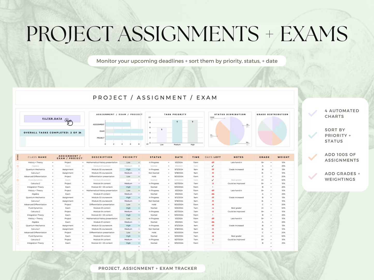 Physiotherapy Student Study Planner – Digital Academic Organizer for Google Sheets & Excel